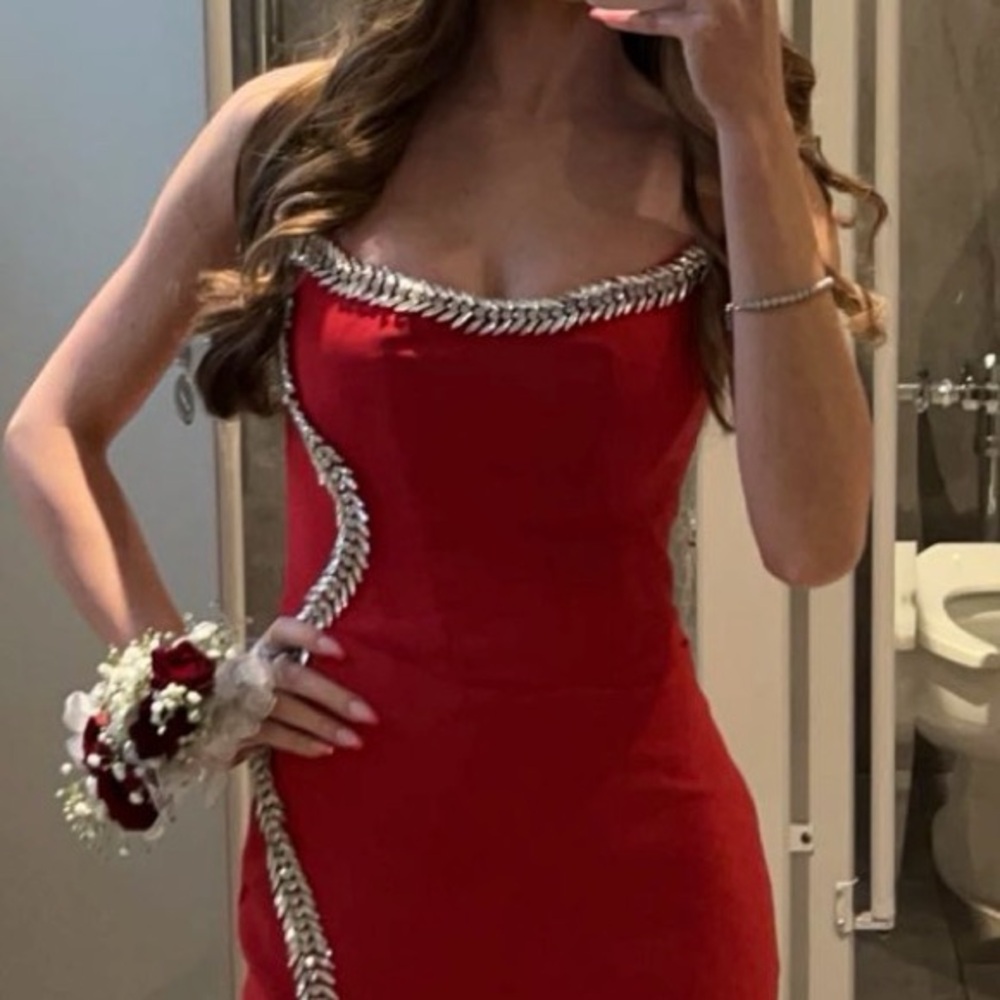 Elegant Red Gown with Silver Detailing